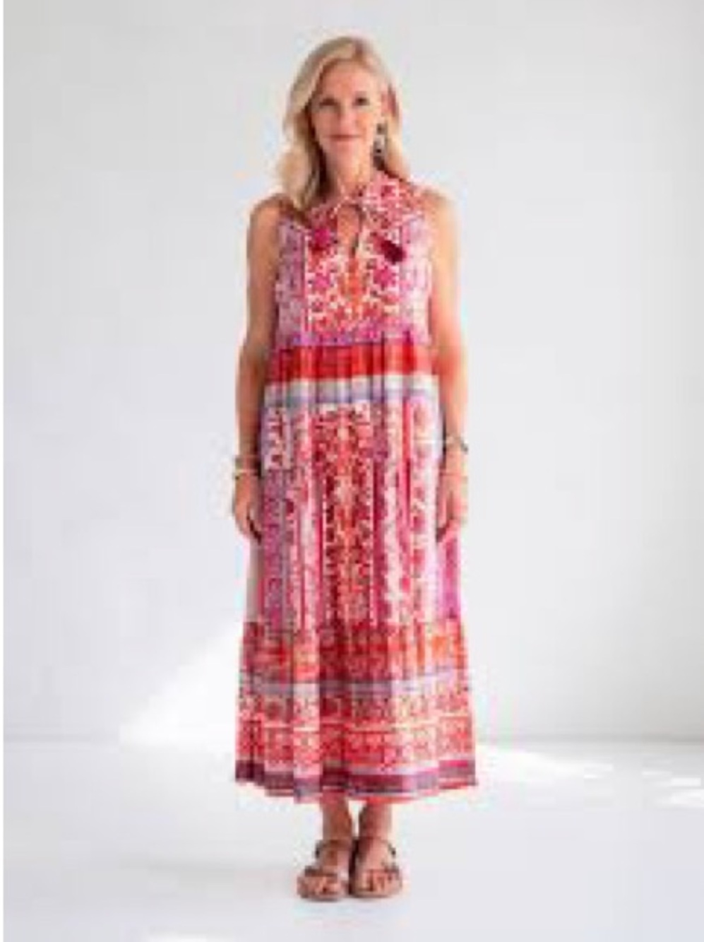 Sleeveless Pink & Red Printed Cotton Maxi Dress